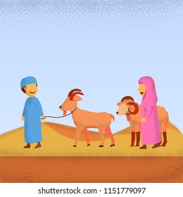 Eid Adha Mubarrak Illustration Two Kids Bring Their Sheep And Goat Vector Flat Cartoon