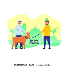 Eid Adha Mubarrak, Muslim Bring Goat for Sacrified Festival, Flat Illustration 