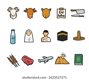 Conjunto de iconos de contorno de Eid Adha, iconos vectoriales para festival islámico, curban y Elementos hajj