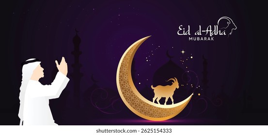 Eid al Adah Arab man praying golden Crescent moon vector poster