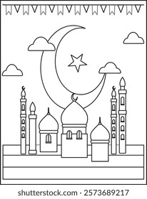 Eid Al Adah Islamic coloring book pages for children and adults with vector design.