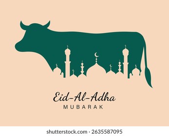 Eid al Adah Mubarak background vector illustration. Eid Mubarak card with Mosque and cow. Islamic celebration design ideal for greeting card, poster, holiday cover or banner