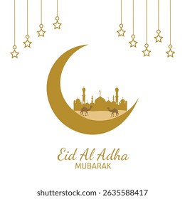 Eid al Adah Mubarak background vector illustration. Eid Mubarak card with Mosque and animals on the moon. Islamic celebration design ideal for greeting card, poster, holiday cover or banner