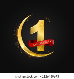 Eid al Adha 1 year anniversary.Pattern with arabic golden, gold half moon and glitter.Vector illustration of greeting cards, covers, prints.