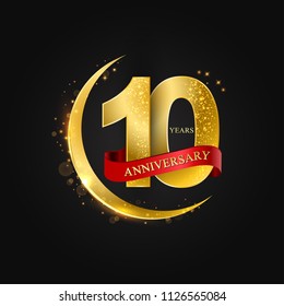 Eid al Adha 10 years aniversary.Pattern with arabic golden, gold half moon and glitter.Vector illustration of greeting cards, covers, prints.