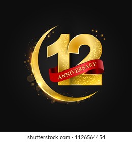 Eid al Adha 12 years anniversary.Pattern with arabic golden, gold half moon and glitter.Vector illustration of greeting cards, covers, prints.