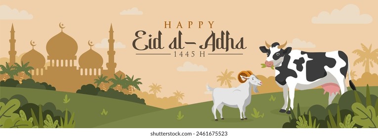 Eid Al Adha 1445H Cartoon Template Design with Cow and Goat Illustration. Carton Islamic Celebration Design. Selamat Idul Adha 2024. Vector Illustration