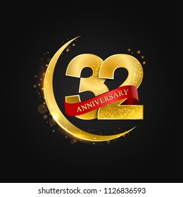 Eid al Adha 32 years anniversary.Pattern with arabic golden, gold half moon and glitter.Vector illustration of greeting cards, covers, prints.