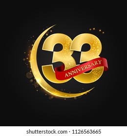 Eid al Adha 33 years anniversary.Pattern with arabic golden, gold half moon and glitter.Vector illustration of greeting cards, covers, prints.