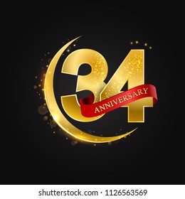 Eid al Adha 34 years anniversary.Pattern with arabic golden, gold half moon and glitter.Vector illustration of greeting cards, covers, prints.