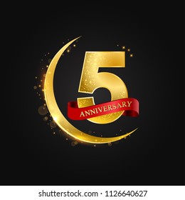 Eid al Adha 5 years anniversary.Pattern with arabic golden, gold half moon and glitter.Vector illustration of greeting cards, covers, prints.