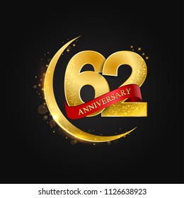 Eid al Adha 62 years anniversary.Pattern with arabic golden, gold half moon and glitter.Vector illustration of greeting cards, covers, prints.