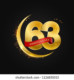 Eid al Adha 63 years anniversary.Pattern with arabic golden, gold half moon and glitter.Vector illustration of greeting cards, covers, prints.