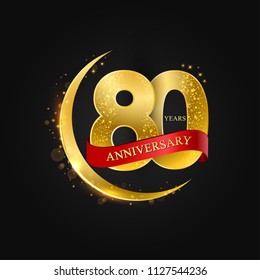 Eid al Adha 80 years anniversary.Pattern with arabic golden, gold half moon and glitter.Vector illustration of greeting cards, covers, prints.