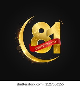 Eid al Adha 81years anniversary.Pattern with arabic golden, gold half moon and glitter.Vector illustration of greeting cards, covers, prints.