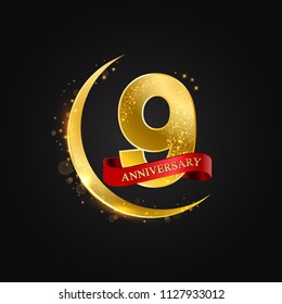 Eid al Adha 9 years anniversary.Pattern with arabic golden, gold half moon and glitter.Vector illustration of greeting cards, covers, prints.