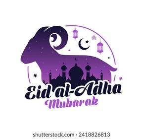 Eid Al Adha Arabian holiday banner with Arabian lanterns, Muslim mosque and sacrificial sheep, vector background. Islam religious Eid al-Adha or Feast of Sacrifice with lamb and crescent moon