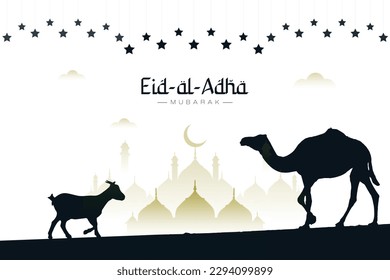 Eid Al Adha arabic calligraphy with camel and goat silhouette is