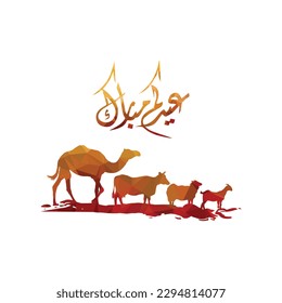 Eid al adha Arabic Calligraphy. Camel Cow Sheep Goat Vector Illustration.