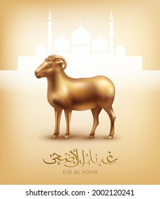 Eid Al Adha background with Arabic calligraphy and gold statuette of a sheep. Text translation: “Festival of sacrifice”. Vector illustration.