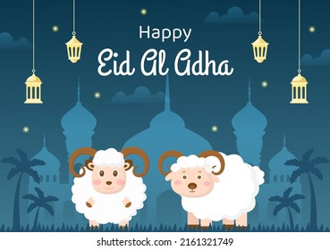 Eid al Adha Background Cartoon Illustration for the Celebration of Muslim with Slaughtering an Animal as a Cow, Goat or Camel and share it 