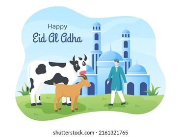 Eid al Adha Background Cartoon Illustration for the Celebration of Muslim with Slaughtering an Animal as a Cow, Goat or Camel and share it 