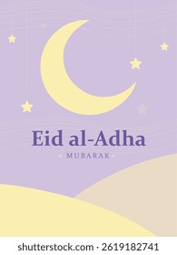 Eid Al Adha Background Design Vector Illustration posters, cards, holiday covers. Islamic and Arabic Modern beautiful design in lilac background with crescent and stars symbol.
