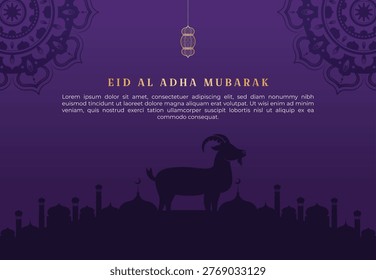 Eid al Adha background featuring elegant Islamic ornaments, mosque silhouette, and festive atmospher