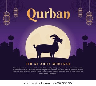 Eid al Adha background featuring elegant Islamic ornaments, mosque silhouette, and festive atmospher