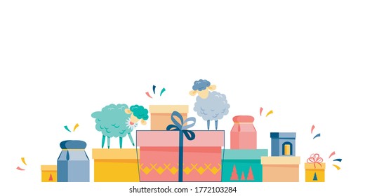 Eid al adha background. Gift box set with balloons and animal sheep on white background. Flat style. Stock vector illustration 