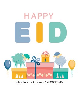 Eid al adha background. Gift box set with balloons and animal sheep on white background. Flat style. Stock vector illustration 