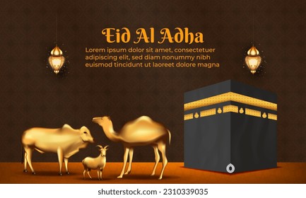 eid al adha background with goat, camel and cow for poster, banner design. vector illustration