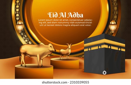 eid al adha background with goat, and cow for poster, banner design. vector illustration