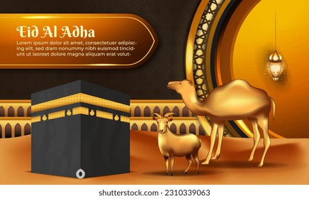 eid al adha background with goat and camel for poster, banner design. vector illustration