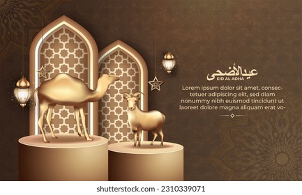 eid al adha background with goat and camel for poster, banner design. vector illustration