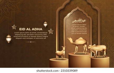 eid al adha background with goat, camel and cow for poster, banner design. vector illustration