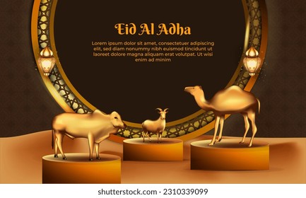 eid al adha background with goat, camel and cow for poster, banner design. vector illustration