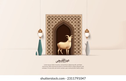 eid al adha background with goat and islamic pattern for poster, banner design. vector illustration