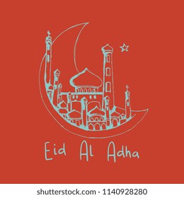Eid al Adha background with hand drawn moon and mosque retro vintage style on orange background.
