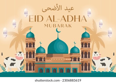 eid al adha background illustration with mosque, leaves, lanterns, and cute cows