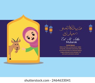 eid al adha background with illustration of cute little girl muslim and sacrificial goat