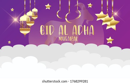 Eid Al Adha Background. Islamic Arabic lanterns and sheep/Goat. Background Eid Al Adha. Greeting card. Vector illustration.