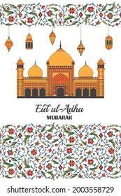 Eid al Adha Hintergrund. Islamische arabische Moschee, Laternen. Arabesque Blumenmuster. Zweige mit Blumen, Blättern und Blütenblättern. Grußkarte. Festival der Opfer