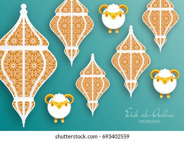 Eid Al Adha Background. Islamic Arabic lantern and sheep. Greeting card. Vector illustration.