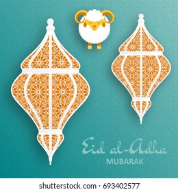 Eid Al Adha Background. Islamic Arabic lantern and sheep. Greeting card. Vector illustration.