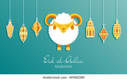 Eid Al Adha Background. Islamic Arabic lantern and sheep. Greeting card. Vector illustration.