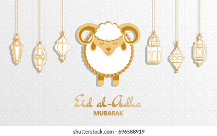 Eid Al Adha Background. Islamic Arabic lantern and sheep. Greeting card. Vector illustration.