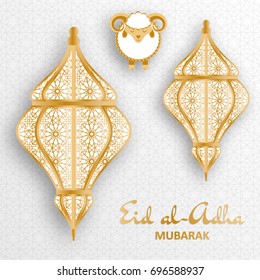 Eid Al Adha Background. Islamic Arabic lantern and sheep. Greeting card. Vector illustration.
