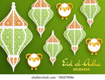Eid Al Adha Background. Islamic Arabic lantern and sheep. Greeting card. Vector illustration.
