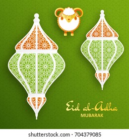Eid Al Adha Background. Islamic Arabic lantern and sheep. Greeting card. Vector illustration.